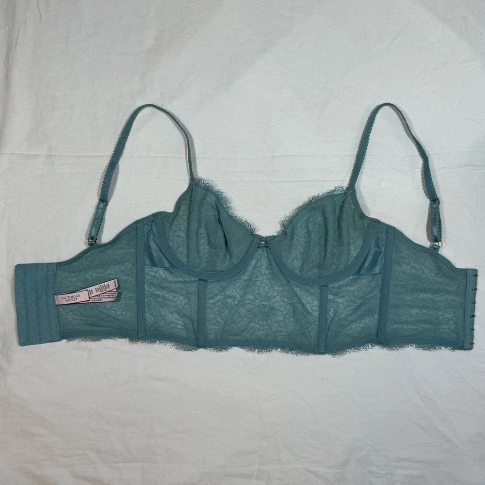 Victorias Secret Teal Floral Lace Longline/Corset Bra‎ Unlined Underwire 32D
